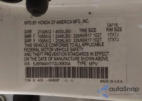 2016 Honda Cr-V Exl z USA, uszkodzony, nr VIN 5J6RM4H77GL068304